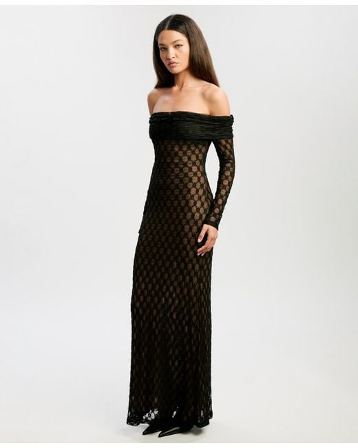 bardot black off the shoulder dress Black Lace Bardot Long Sleeve Ruched Bodycon Midi Dress – AX Paris US