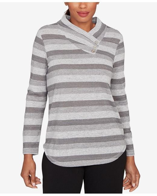 Ruby Rd Gray Petite Metallic Stripe Button Accent Knit Top