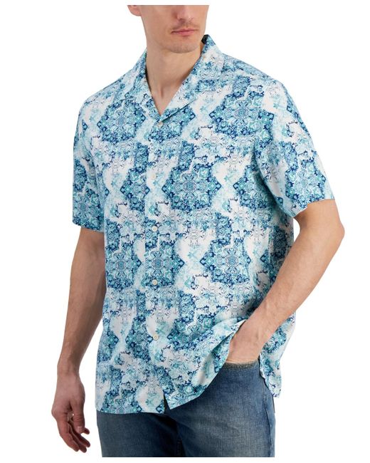 Club Room Blue Medallion-print Camp-collar Resort Shirt for men