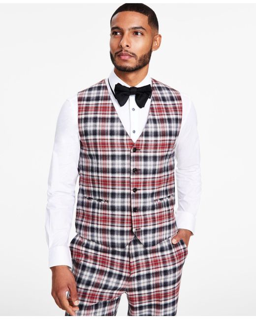 Tayion Collection Classic-fit Black, Red & White Plaid Suit Separates Vest for men