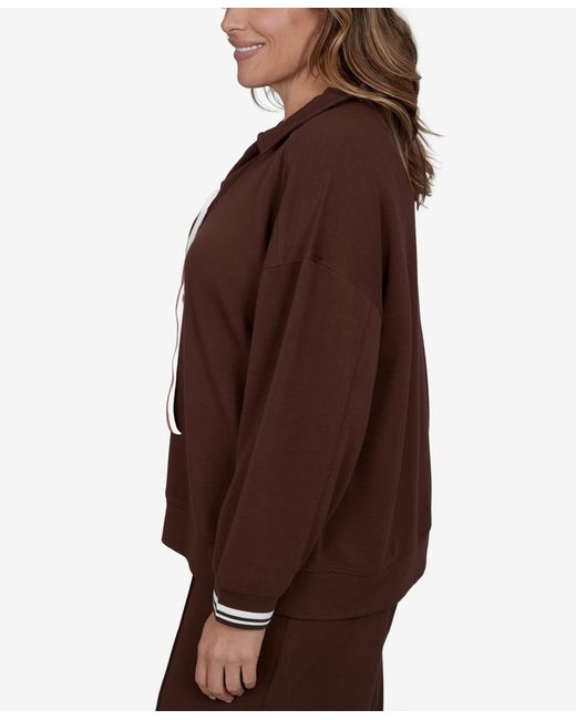 Ruby Rd Brown Plus Size Stripe Trim Drawstring Pullover Top