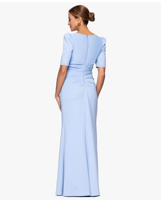 Xscape Blue Embellished Scuba Boat-neck Gown