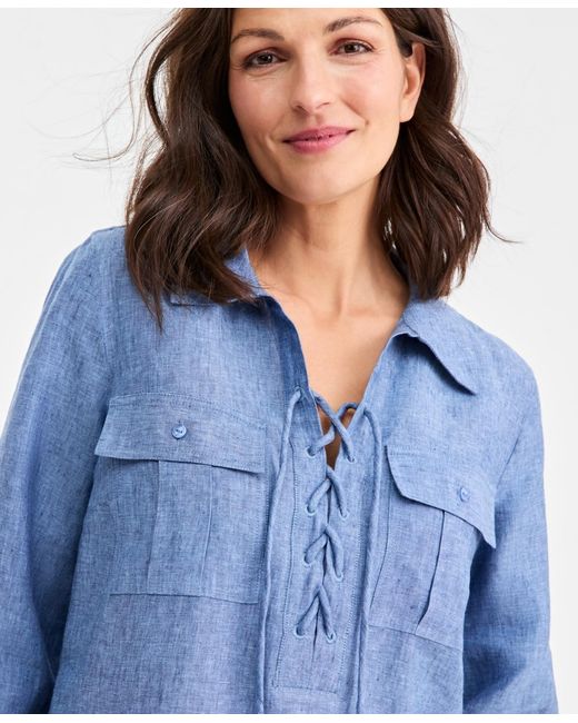 Charter Club Blue 100% Linen Lace-up 3/4-sleeve Utility Dress