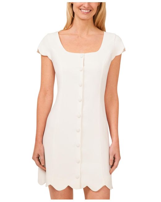 Cece White Scallop Trim Button-front Sheath Dress