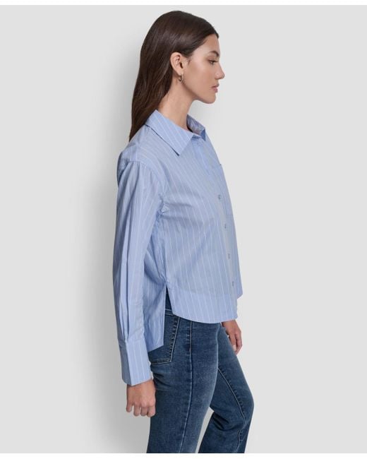 DKNY Blue Cropped Long Sleeve Button Front Shirt