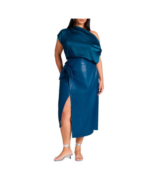 Eloquii Blue Wrap Front Faux Leather Midi Skirt