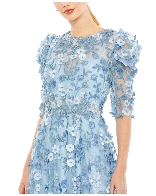 Mac Duggal Blue Applique High Neck Puff Sleeve A Line Dress