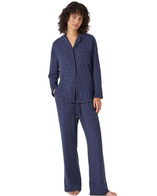 Hush Blue Ribbed Modal Star Printed Pyjamas