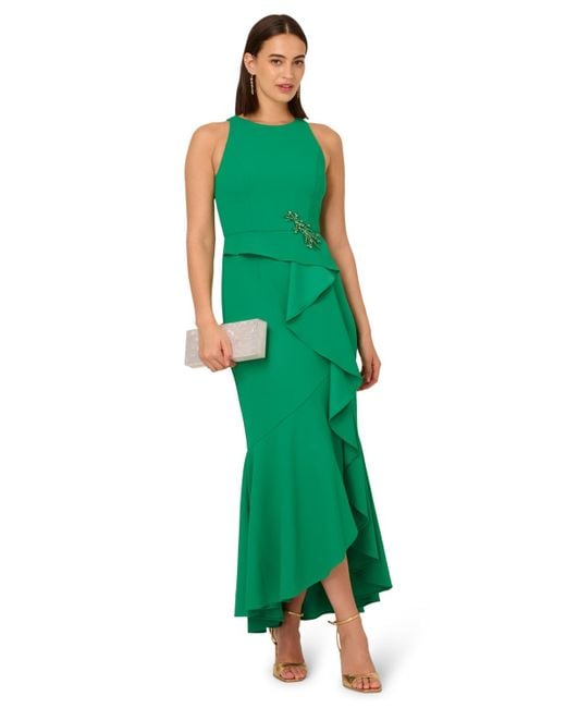 Adrianna Papell Green Cascading-ruffle Crepe Gown