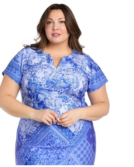 R & M Richards Blue Plus Size Printed Shift Dress
