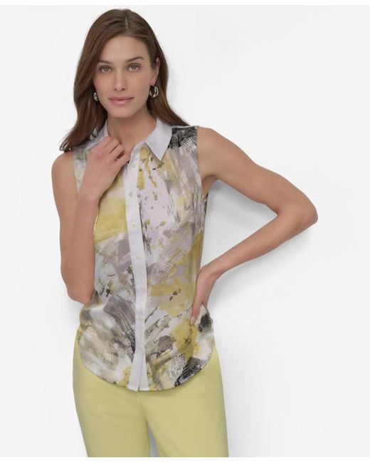 DKNY Multicolor Printed Sleeveless Collared Blouse