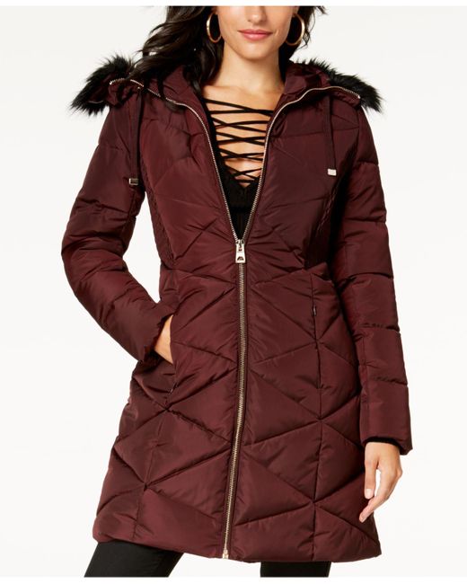 Guess Red Faux-fur-trim Hooded Puffer Coat