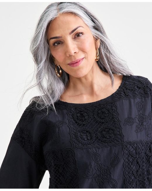 Style & Co. Black . Crochet Patchwork Top