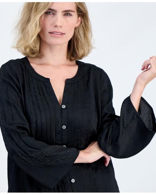 Style & Co. Blue Petite Y-neck Long Bell-sleeve Blouse