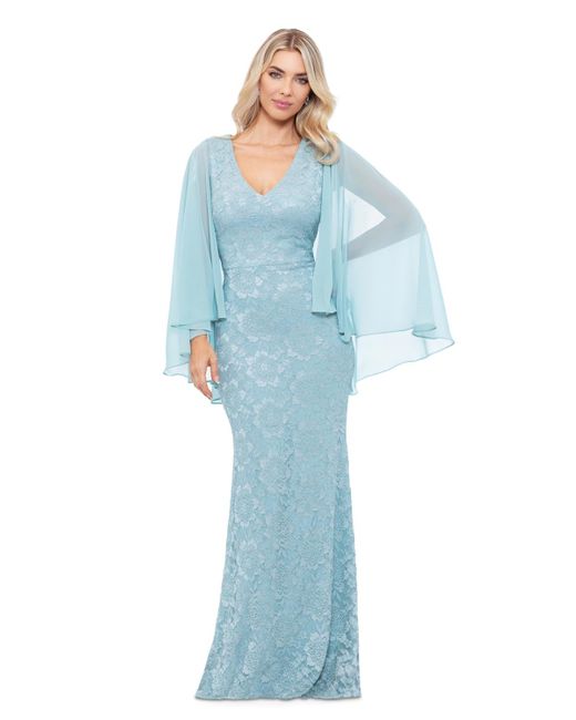 Betsy & Adam Blue Lace Cape-sleeve Gown