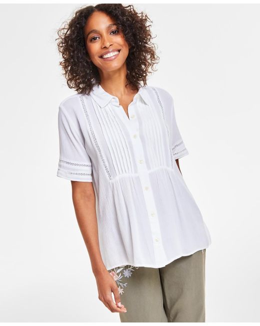 Style & Co. White Pintuck Short-sleeve Button-front Shirt