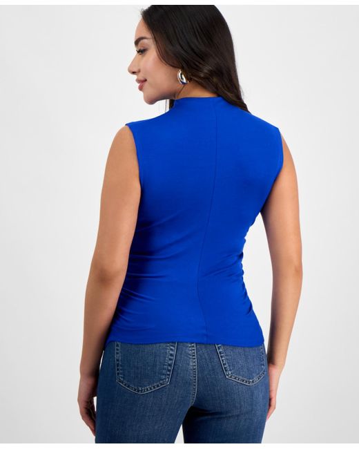 INC International Concepts Blue Petite High-neck Side-ruched Top