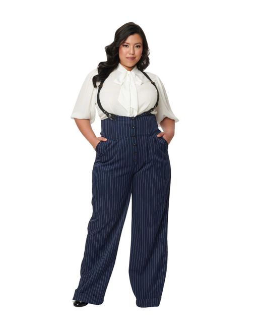 Unique Vintage Blue Plus Size Thelma High Waist Suspender Pants