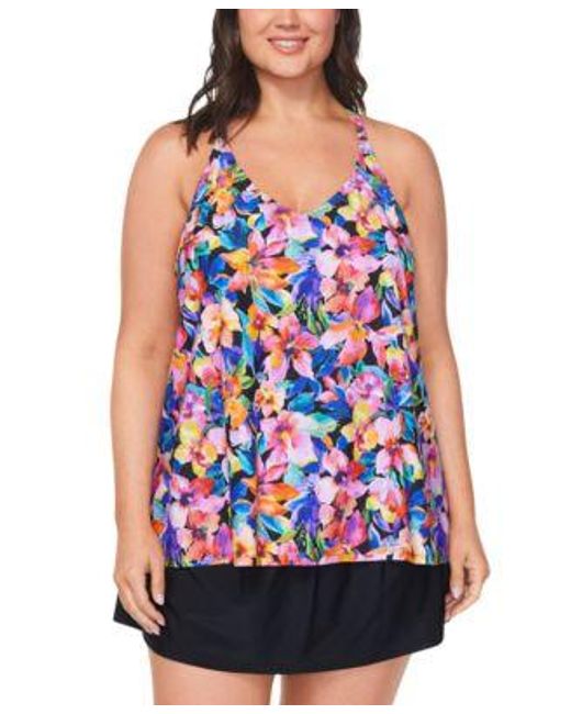 Island Escape Blue Plus Size Floral Print Tankini Top Tummy Control Swim Skirt Created For Macys
