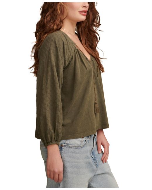 Lucky Brand Green Cotton Textured Peasant Blouse