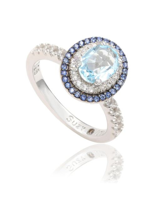 SUZY LEVIAN NEW YORK Multicolor Suzy Levian Sterling Silver Oval Cut Topaz And Sapphire Double Halo Ring