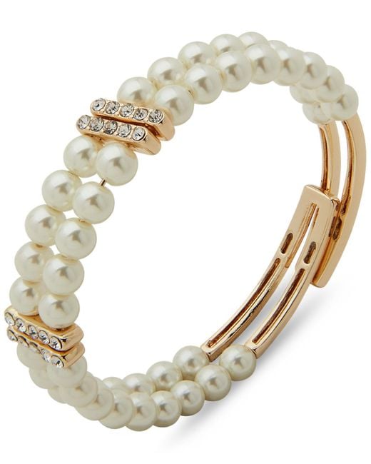 Anne Klein Metallic Gold-tone Pave & Imitation Pearl Double-row Coil Bracelet