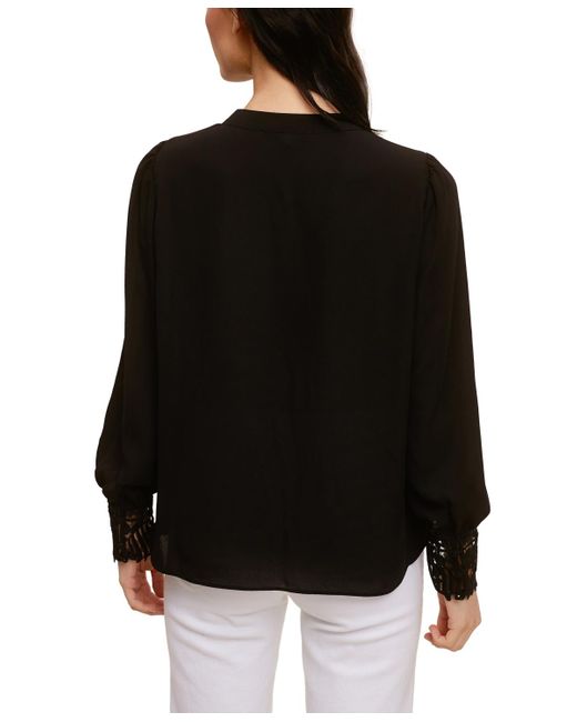 Fever Black Solid Soft Crepe Blouse With Lace Cuff