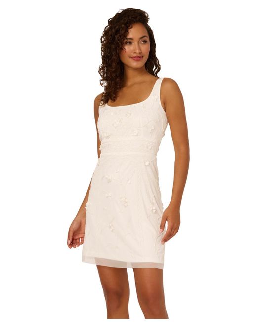 Adrianna Papell Women's White Beaded 3d Flower Sleeveless Dress