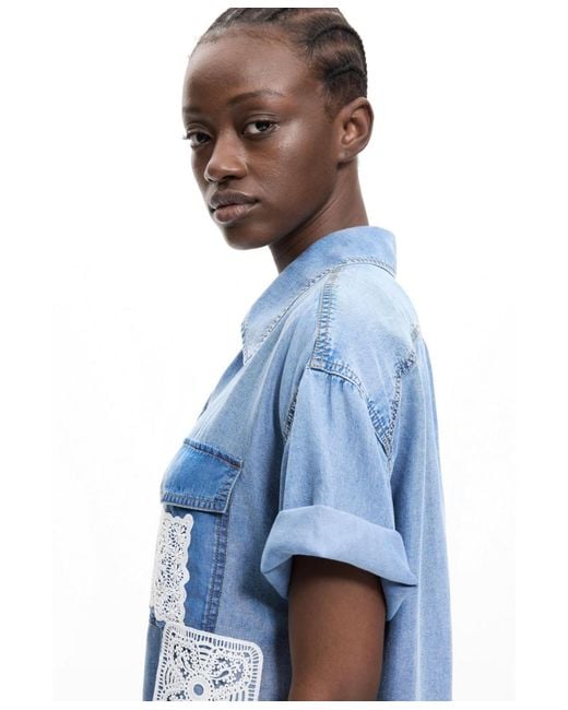 Desigual Blue Short Sleeve Patchwork Shirt