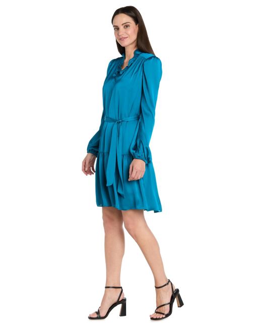 R & M Richards Blue Petite Collared V-neck Long-sleeve Dress