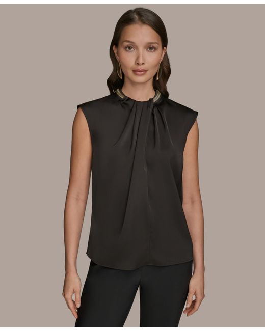 Donna Karan Women's Black Cap-sleeve Twist-neck Top - Main Image