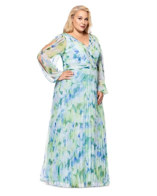 Betsy & Adam Blue Plus Size Floral Pleated Split-sleeve Gown