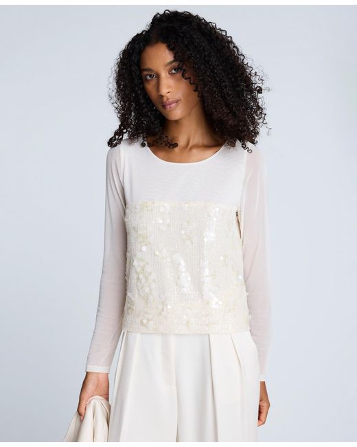 Kenneth Cole White Paillette Mesh Long-sleeve Top