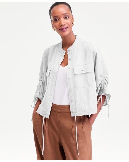 INC International Concepts White Tie-sleeve Chambray Tie-waist Blouse