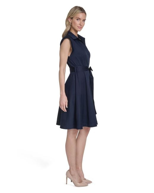calvin klein belted fit and flare dress Calvin Klein Belted Button-front Collared Fit-and-flare Dress in Blue