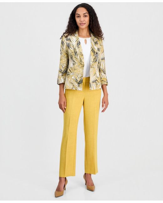 Kasper Natural 3/4-sleeve Open-front Palm Print Jacket