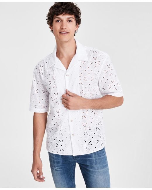 INC International Concepts White Idris Floral Eyelet Short-sleeve Camp Shirt for men