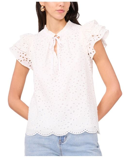 1.STATE White Eyelet Flutter-sleeve Top