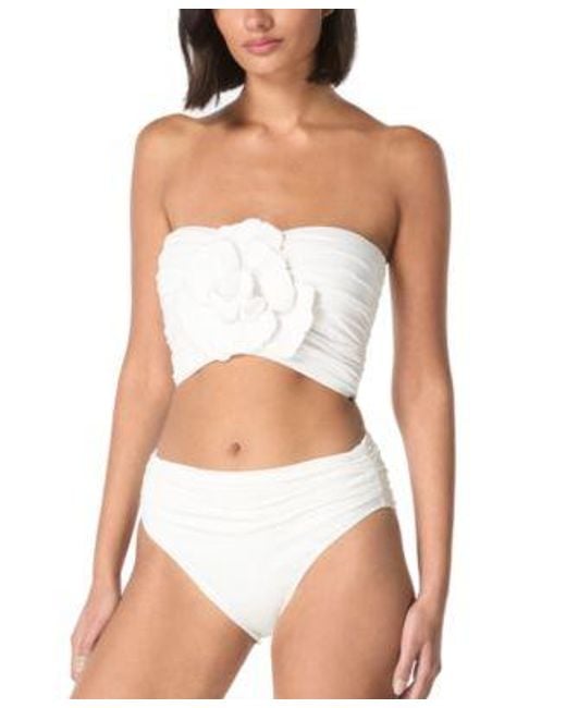 Carmen Marc Valvo White Flower Bandeau Crop Bikini Top Shir Waist Bikini Bottoms