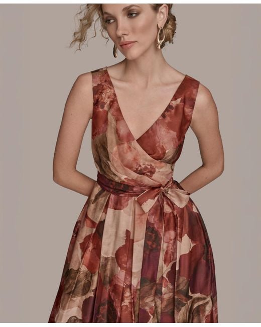 Donna Karan Brown V-neck Floral Ball Gown