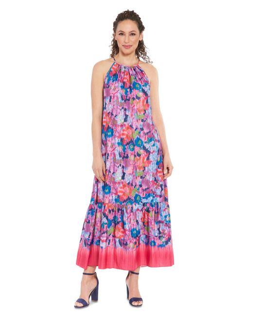 London Times Red Petite Printed Halter-neck Maxi Dress