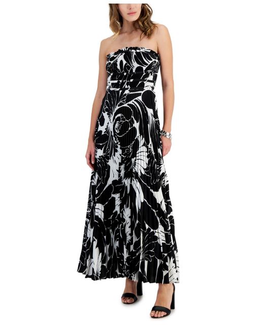 Taylor Black Strapless Pleated Satin Gown