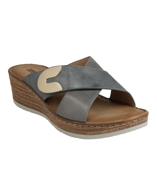 Gc Shoes Brown Demi Cross Strap Hardware Slip-on Wedge Sandals