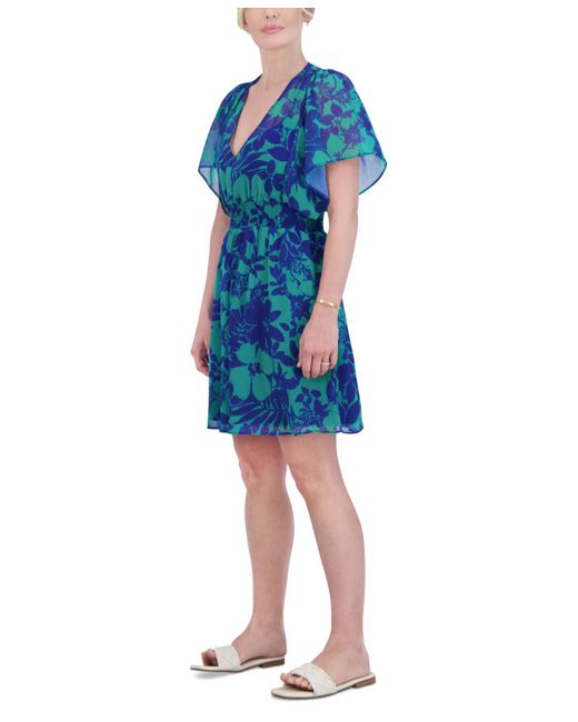 Jessica Howard Blue Petite Printed V-neck Short-sleeve Dress