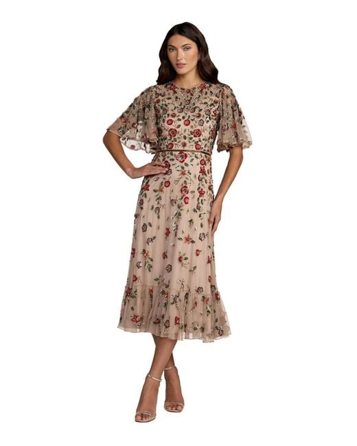 Mac Duggal Brown Floral Embellished Flutter Sleeve Midi Dress
