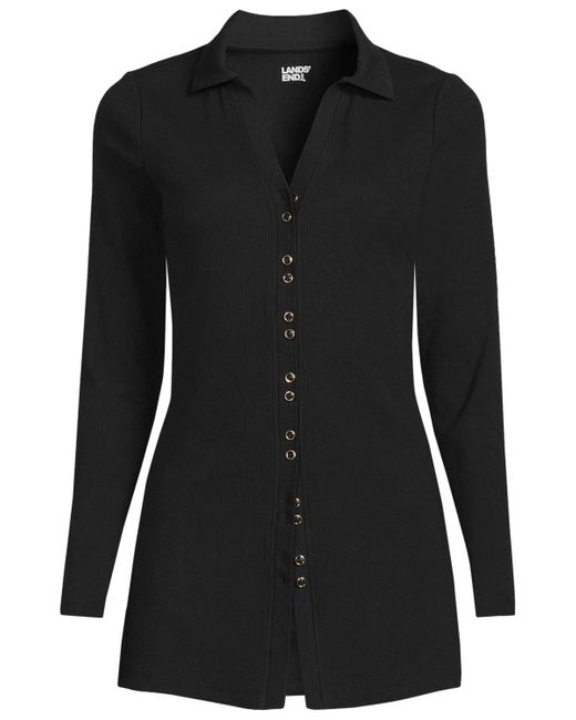 Lands' End Black Plus Size Long Sleeve Polished Rib Button Through Tunic Shirt