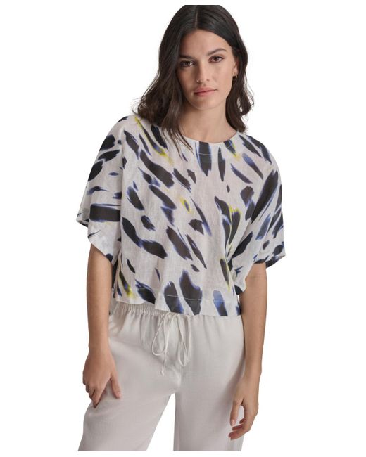 DKNY Gray Printed Linen Drop-shoulder Short-sleeve Crop Top
