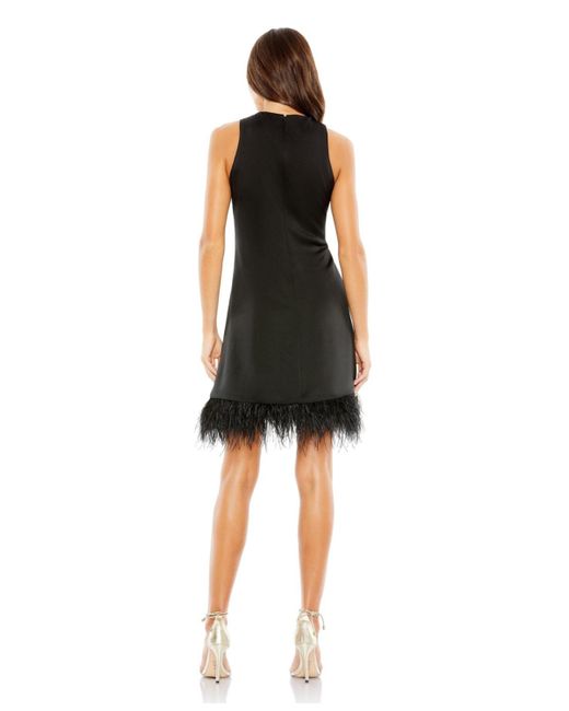 Mac Duggal Black Feathered Hem High Neck Sleeveless A Line Dress