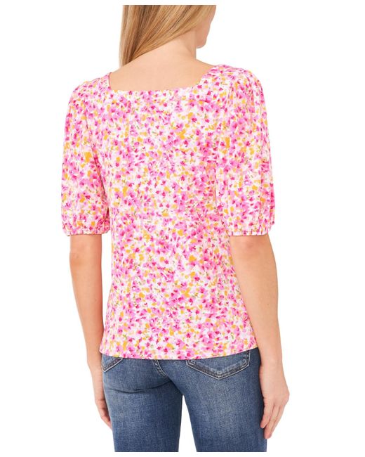 Cece Red Floral Print Square Neck Puff Sleeve Knit Top