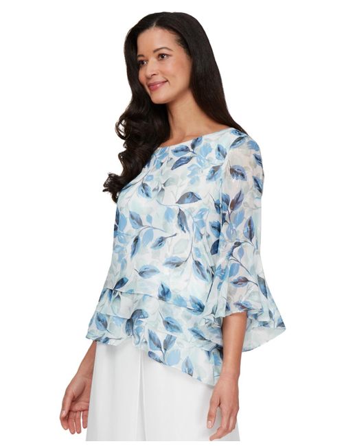 Alex Evenings Blue Tiered Printed Chiffon Blouse